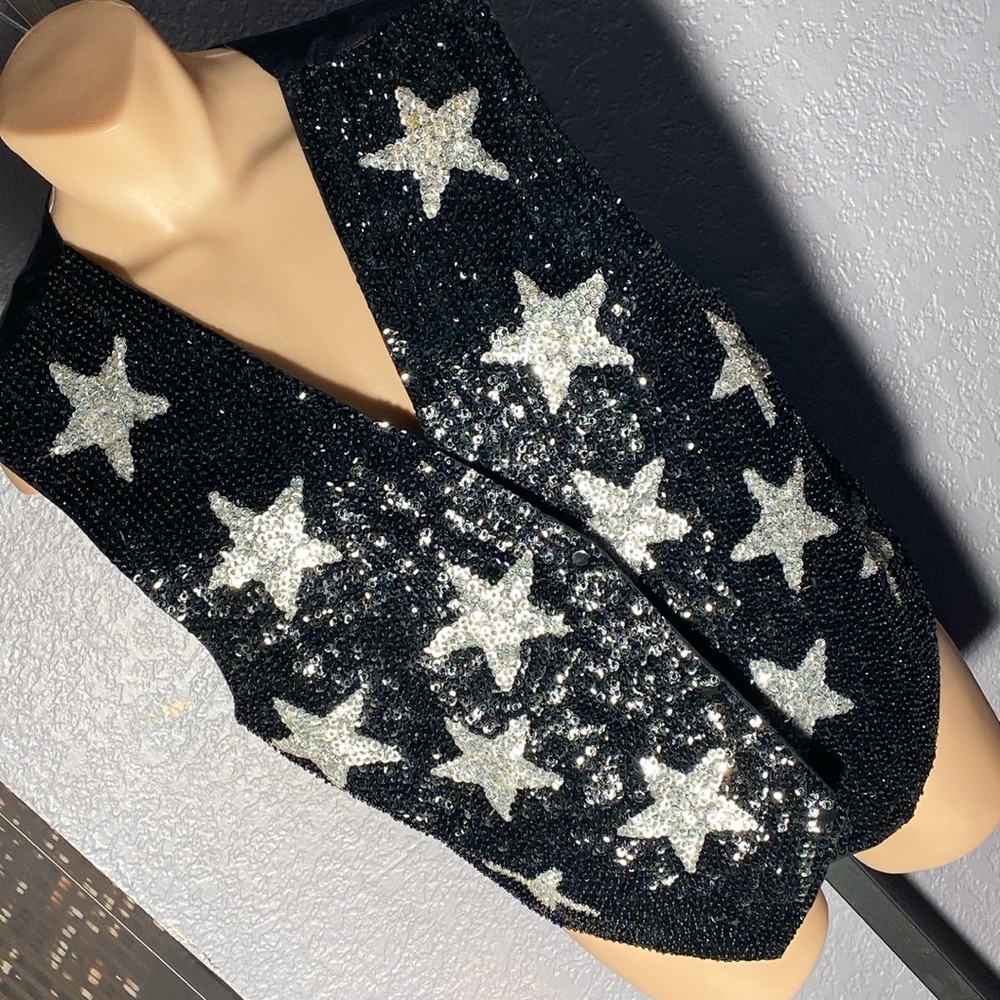 JC BRAND - vest: vintage silk w snaps, sequin black w silver stars, adj back - L